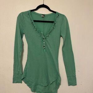 Free People Green Long Sleeve Top with Button Detail